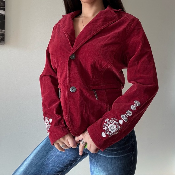 Y2K Red Velvet Embroidered Jacket Indie Fairy Grunge Cropped Blazer - Picture 3 of 10